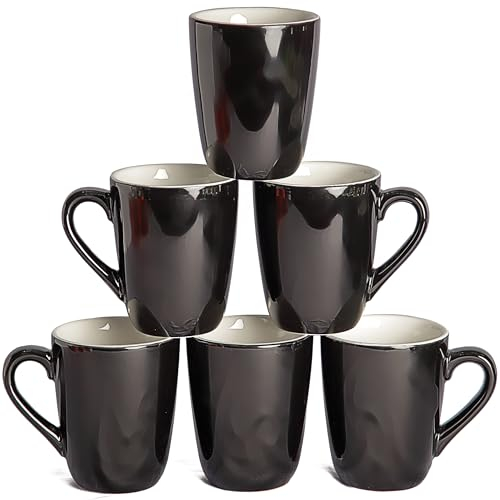 superyes Large Ceramic Mugs-Set of 6, 12oz(360ml) Barrel for Cappuccino Latte, Easy-Grip Handle, Matte Black Glazed, Blue Interior