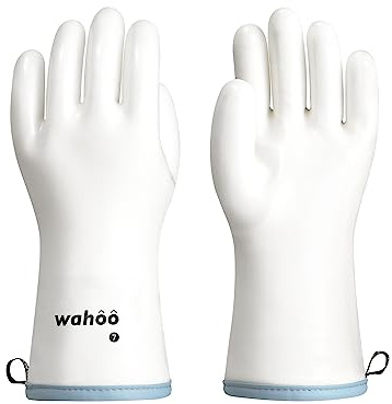 wahoo 12 Inch Liquid Silicone Oven Mitts, Heat Resistant Gloves, White, M/8 | Food Grade,Smoker Oven Gloves with Fingers,Coralair Liner,Waterproof,Latex Free,Baking,Cooking,BBQ,Grilling,Kitchen Mitts