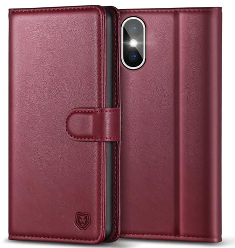 Kuafcase Compatible for iPhone X/XS Case with 4 Card Slots Magnetic Closure Kickstand Shockproof Protective Phone Case Compatible for iPhone X/XS - Wine Red