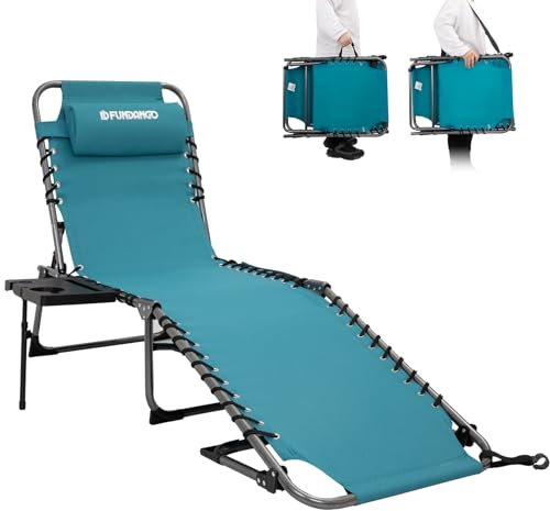 FUNDANGO Sonnenliege Klappbar 5-Verstellbarer Rückenlehne mit Seitentisch Kissen Ergonomisch Liegestuhl Klappbar Strandliege Gartenliege Campingliege für Strand Garten Terrasse Pool Camping Indoor