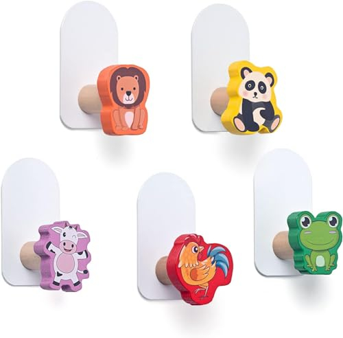 RUNEAY Porte Manteau Enfant 5 Pièces, Porte Manteau Mural Enfant Sans Percage Crochet Porte Manteau, Crochets Adhésifs Patères pour Enfants Bois, Patere Murale Adhesive Pour chambre d'enfant Crochets