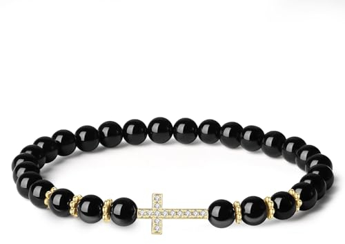 COAI Bracelet Tourmaline Noire Femme, Bracelet Croix Femme, Cadeau Confirmation, 18cm