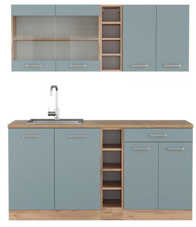 Vicco Singleküche R-Line, Küchenzeile Single, Blau-Grau/Goldkraft Eiche, 160 cm, AP Eiche