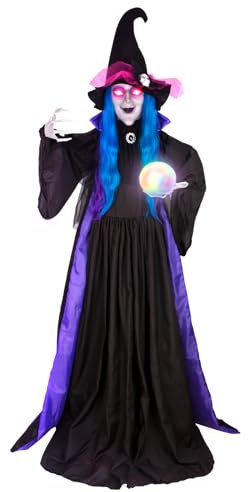 182,9 cm Halloween Animatronic, Stehende Wahrsagende Hexe mit beleuchteter Kristallkugel und Augen, sprechend, bewegliche Arme & Kopf für Spukhaus-Requisiten Indoor/Outdoor Rasen Hof Halloween