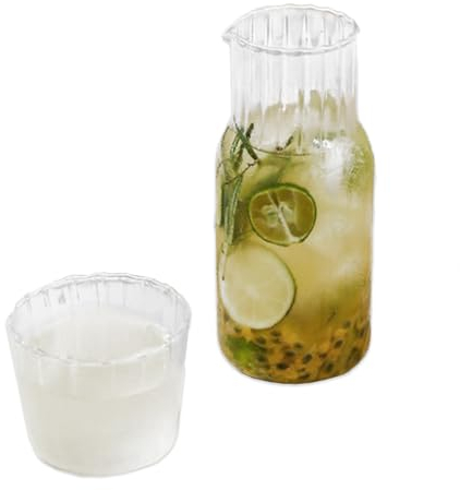 MISNODE Juego de Jarra de Agua Y Vaso para Mesita de Noche, Jarra Transparente con Taza, Jarra de Vidrio Estriado Vintage para Servir Agua, Jarra de Agua Y Vasos de(15cm / 5.9in Length-Transparente)