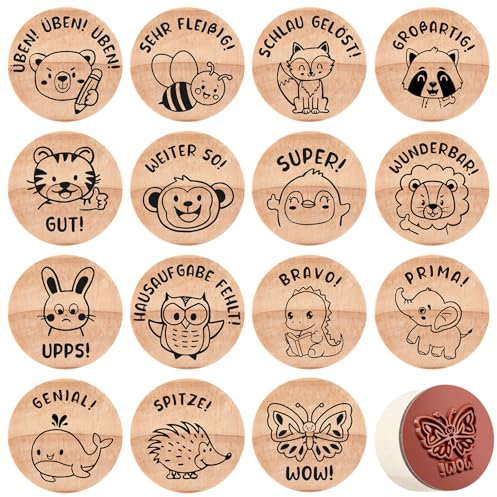 Faccito 15 Stück Holz Lehrer Stempel Tiere Motivstempel Set Belohnung Gummi Lob Stempel Geschenk Deko für Rückmeldung Erzieher Lehrer Lehrertag