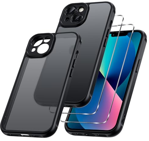 Phoona Funda Mate para iPhone 13 6,1 con 2 Piezas Cristal Templado, Protección contra Caídas Grado Militar Antigolpes, Carcasa Trasera Translúcida Esmerilada, Negro