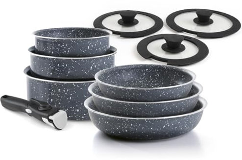 Qulinart by Brandt - Batterie de Cuisine en Aluminium Pressé - 3 Poêles 20, 24 et 28 cm + 3 Casseroles 16, 18 et 20 cm + 3 Couvercles + 1 Poignée Amovible - Noir