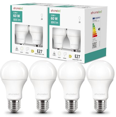 ehomeled E27 LED Glühbirne A60 Tageslichtweiß (4000K), 806 Lumen 5,9W (=60W), Energiesparende Klassische LED Birne, Ideal für Wohnzimmer, Schlafzimmer & Büro, 4er-Pack