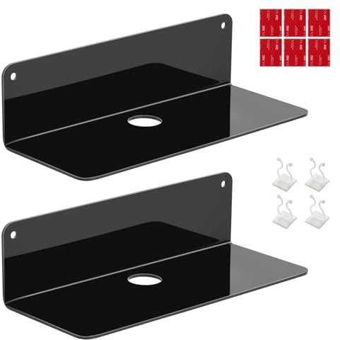 Floating Shelves for Wall - 2 Pack 9 Inch Wall-Mounted Shelf, No-Drill L-Shaped Shelving Units for Bedroom, Living Room, Bathroom and Kitchen, Self Adhesive Shelf with Cable Clips and Stickers (Black)
