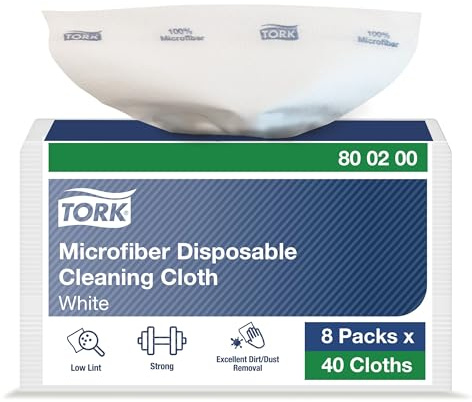 Tork Microfiber Cleaning Cloth Disposable White with Blue Print, Dry and Wet Use, 8 x 40 cloths, 800200