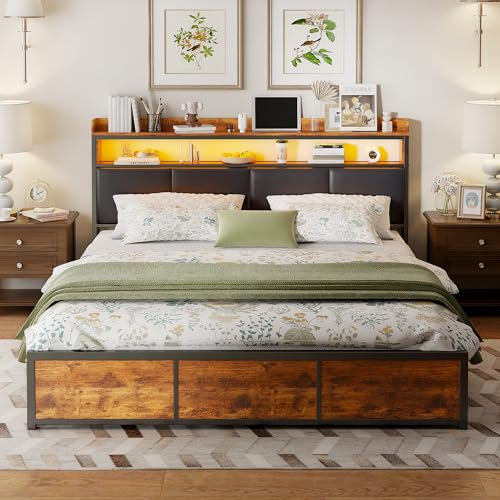 MOTUZP Gepolstertes Metallbett, 160 x 200 cm, Doppelbett mit gepolsterter Plattform und LED-Beleuchtung, Bettgestell aus Holz und Metall mit 4 Schubladen (Holz+PU)