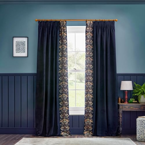 Morris&Co. Strawberry Thief Pencil Pleat Curtain Pair – Iconic Bird & Floral Embroidered Lined Velvet Drapes (Indigo - 168x183cm)