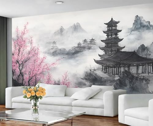 GIVLWF Japanische Tapete, Landschaft, selbstklebende Tapete für Wohnzimmer, Aquarell-Tapete für Schlafzimmer, Bergwandbild, japanisches asiatisches großes Wandbild und Raumdekoration