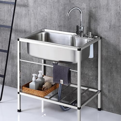 Freistehende Edelstahl Spültisch mit Heißem und Kaltem Wasserhahn, Outdoor Einzelbecken Spültisch mit Lagerregal, Abfluss Sieb für Garage, Werkstatt, Waschküche, 71 * 47 * 75 CM