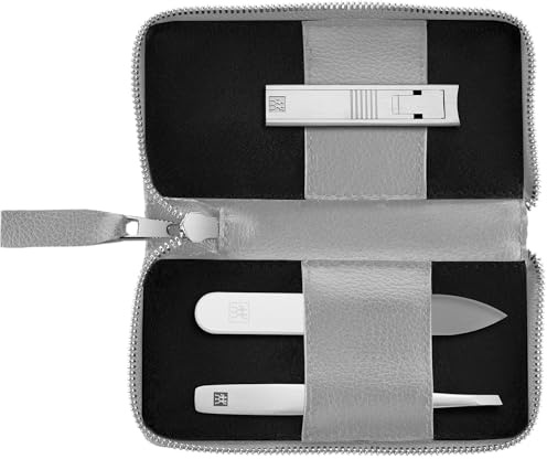ZWILLING Manicure Pedicure Set 3-Piece Compact Nail Clippers Vegan Apple Leather Case Grey