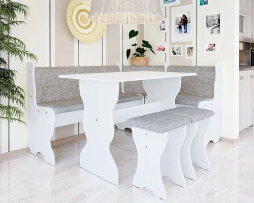 FURNIPOL THOMAS Kitchen Corner Set – with Storage, Universal Side (Left Right) L‑Shaped Breakfast Bench + Table & 2 Stools, Self‑Assembly - White/Grey