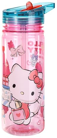 Hello Kitty & Friends 580ml Kids Water Bottles with Straw - Drinks Bottle | Reusable Plastic Bottle Made of Durable Ecozen BPA Free Material, Lightweight & Leakproof Childrens School & Sports Bottles