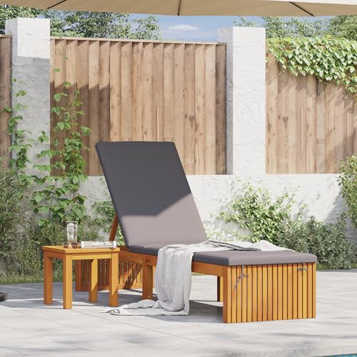 HEFZGDB Massivholz Akazie Sonnenliege mit grauem Kissen 200x55x30 cm, Klappbare Lounge mit Verstellbarer Rückenlehne für Garten und Terrasse, UV-beständige Outdoor Relaxliege zum
