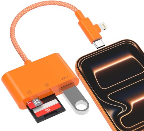 SD Card Reader for iPhone, iPad and Android, with Lightning & USB-C Dual Connector, 3-in-1 Memory Card Adapter with USB-OTG Port, Simultaneous SD/TF Reading, Trail Camera Viewer, Plug & Play, Orange