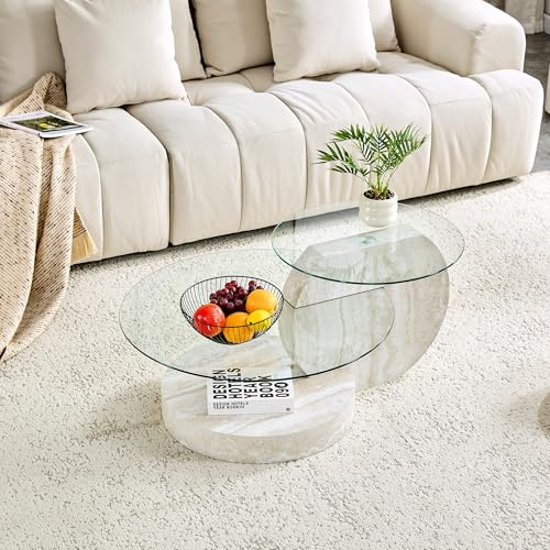 Bladez Mesa de Centro 2 Niveles de Vidrio de Seguridad. Mesa de salón con Vidrio de Seguridad y MDF con lámina Efecto mármol Beige Claro. Mesa de Centro Redonda,90 x 70 x 44 cm.