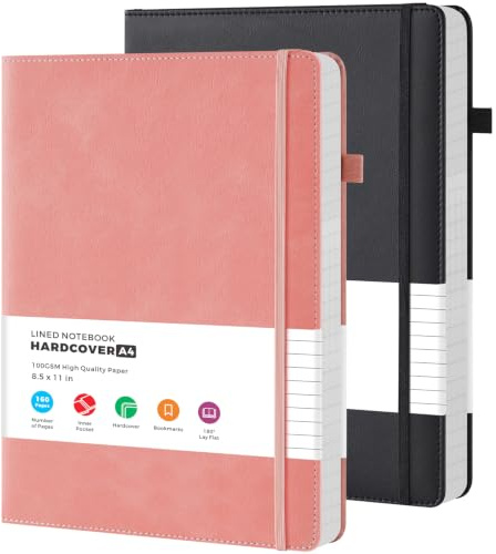 FOCUS DAY A4 Notebook Journal for Women Men, 2 Pack A4 Lined Notebook Hardback with 100GSM Thick Paper, No Bleed, PU Leather Large Note book for Writing Work, Office School Supplies, 21.5 x 28 cm