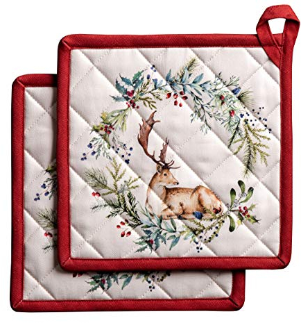 Maison d' Hermine Holly Time Set 100% cotone di 2 presine termoresistenti per barbecue, Cucina, Microonde, Ringraziamento/Natale(20cm x 20cm)