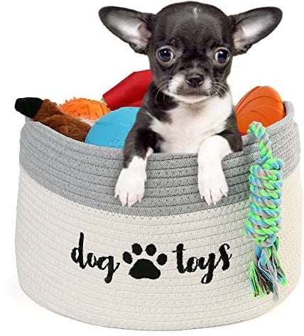 PrimePets Cotton Rope Dog Toy Basket, Small Basket with Handles, Woven Storage Bin for Dogs Pets, 15x10x9 inch Pet Basket Container Holder for Toys, White and Grey