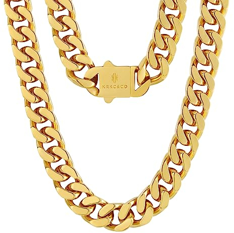 KRKC&CO 14mm Panzerkette, 18K Gold plattiert Cuban Link Chain, Edelstahl Panzerkette Herren Gold Kubanische Gliederkette, Herren Goldketten Hip Hop Kette für Männer Jungen Größe 51cm