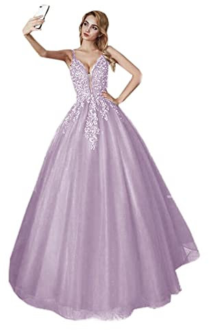 CY Attire Vestido de novia para mujer 2022 con apliques de encaje para novia, vestido de noche con cuello en V, vestido de fiesta de vuelta a la escuela, Lila, 50