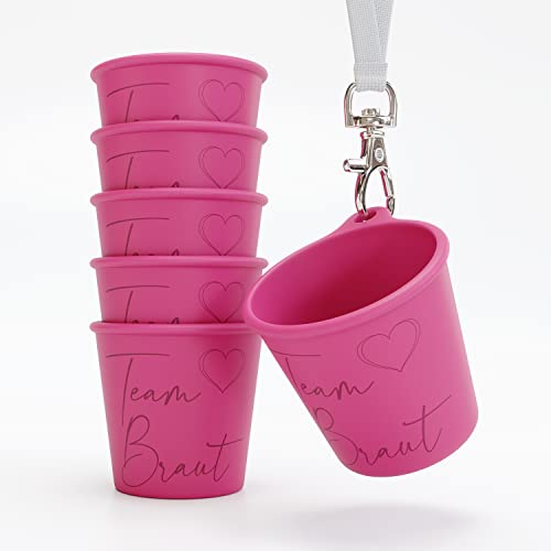 SoPro 6x Schnapsbecher zum Umhängen 4 cl wiederverwendbar - Schnapsgläser JGA 40 ml pink - Schnapsglas zum Umhängen, Brautbecher mit Gravur, JGA Schnapsgläser, Schnapsgläser zum Umhängen JGA