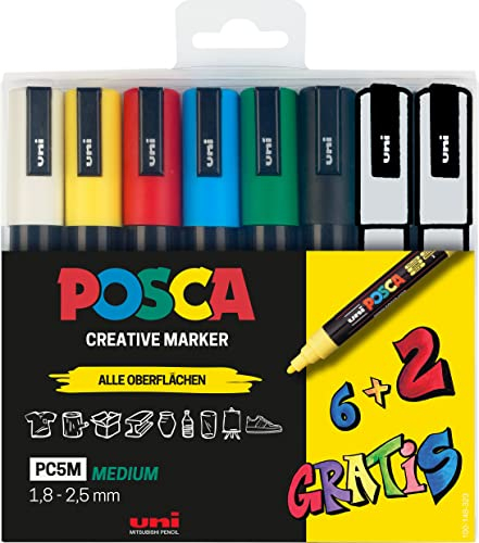 Faber-Castell uni-ball 186826 - POSCA Marker Set, 8er Etui Acrylstifte PC-5M, 1.8 - 2.5 mm, 6 Standardfarben + 2 wechselnde Sonderfarben