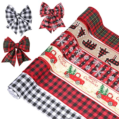 AIEX 6 Rollen Weihnachts Draht Band, 6,35cm x 22 m Weihnachtsbänder mit Draht Plaid Weihnachtsbaum Band Rot Schwarz Weiß Kariert Weihnachtsbänder Weihnachtsband Breit zum Verpacken Kranz Hochzeit