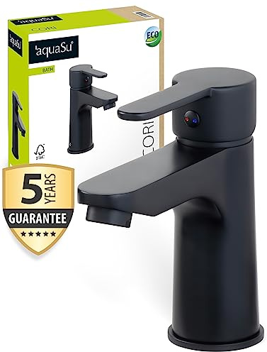 'aquaSu® Waschtischarmatur Cori, Kosten-sparende Wasserspar-Kartusche, Pop-Up-Ventil, Keramikkartusche, Montage von oben, Messingkern, schwarz, 798655