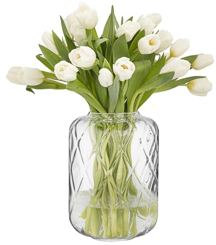 TREND FOR HOME Handgemachte Blumenvase Vintage H: 24 cm Glasvase Geriffelt Tisch Deko Tulpenvase Tischvase Mundgeblasene Vase Bauchig Durchsichtig Ananas-Form | Ø 17 cm | Daphne