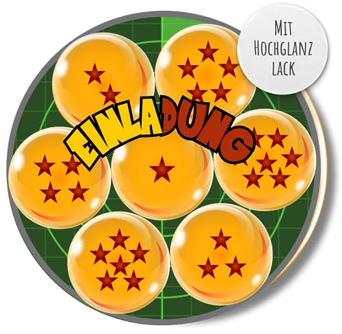 Generisch 12x EINLADUNGSKARTEN mit Dragon Wunsch Ball Design in Hochglanzoptik für coole Mädchen & Jungen Anime Cartoon Kindergeburtstag Party