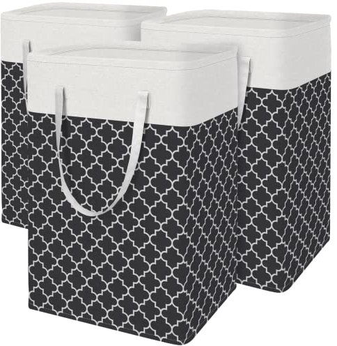 BlissTotes Confezione da 3 cesti portabiancheria autoportanti e impermeabili, pieghevoli, con manici per il trasporto, per vestiti, asciugamani in famiglia e in dormitorio, colore nero trifoglio, 75 l