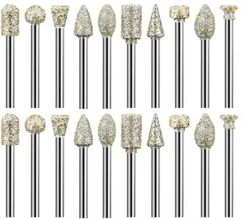 20 Piezas Fresas Diamante, Brocas para Molienda de Diamante Juego de Tallado de Piedra, Mini Brocas de Diamante Rectificadoras Diamantadas Rotatorio de Fresas para Molienda Pulido Grabado DIY