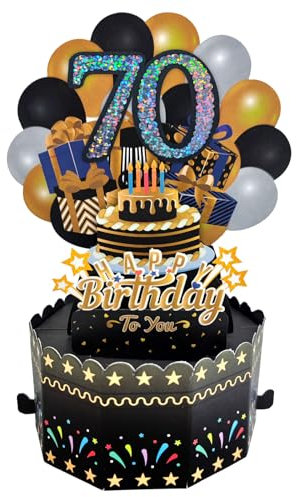 70.Pop Up Geburtstagskarte,Schwarze Gold Grußkarte 70er Geburtstag 3D Popup Karten Glückwunschkarte mit Umschlag Frauen Männer Geschenkideen