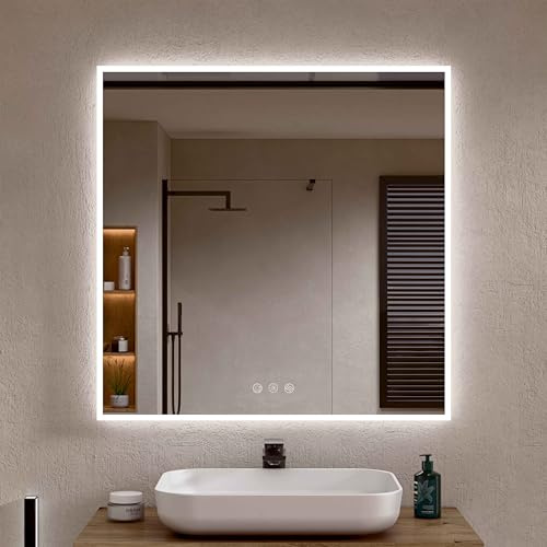 BELLOBATH - Espejo Baño con Luz Led Perimetral, Luz Ajustable en 3 Colores e Intensidad, Antivaho, Waterproof IP65, Marco de Aluminio Blanco - 80cm Alto x 80cm Ancho