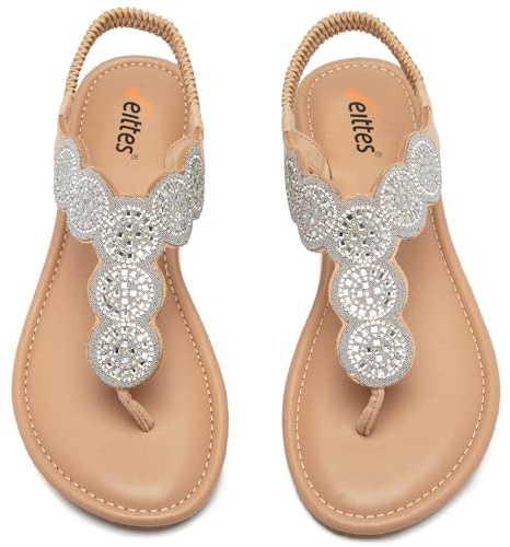 Veittes Women's Bohemian Bling Flat Slide Sandals - Casual Summer Thong Sandals with Rhinestone Decor, Rubber Sole, Lightweight & Comfortable Ankle StrapThong Summer Sandals.