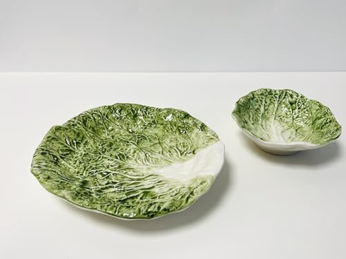 My Square Mile Ceramic Cabbage Leaf Serving Dish Plate Bowl, Large 23cm | Green and White, Vegetable Shaped Dinnerware