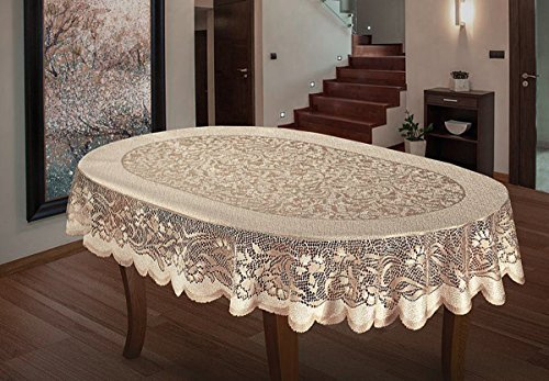 MforStyle Ovale Tischdecke, Spitze, schwer, 140 x 241 cm, Cremefarben/Goldfarben/Beige