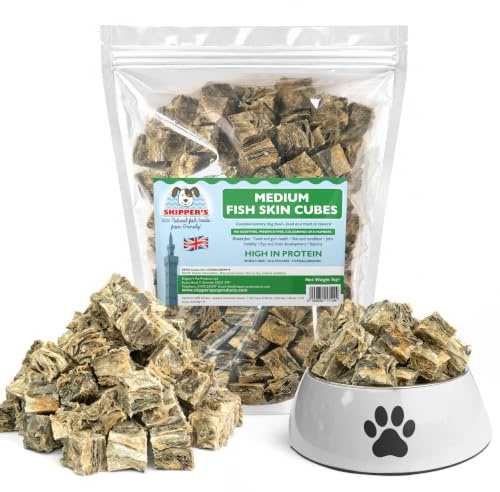SKIPPER'S Whitefish Skin Jerky Cubes Medium 1kg Grain Free Dog Treats | 100% whitefish fish skin, high protein, low fat, gently air-dried, natural ingredients, medium cubes