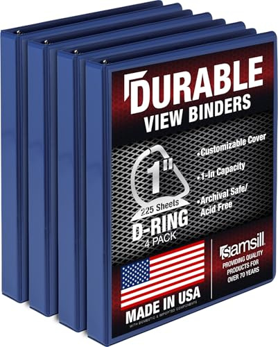 Samsill Durable 1 Inch Binder, Made in The USA, D Ring Binder, Customizable Clear View Cover, Blue, 4 Pack, Each Holds 225 Pages