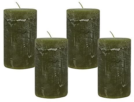 4 Rustic Stumpenkerzen Premium Kerze Dunkelgrün Oliv 7x12cm - 55 Std Brenndauer