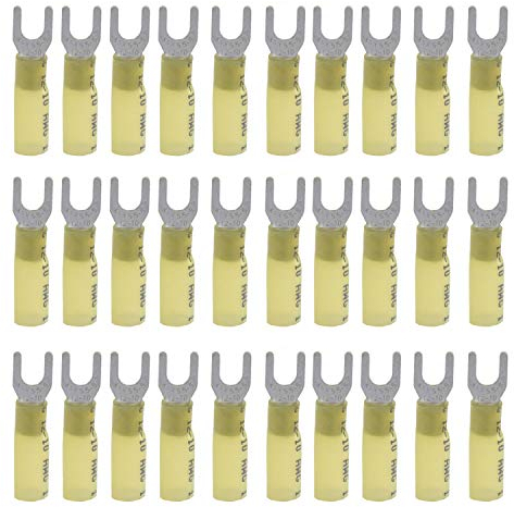 CEEYSEE 50PCS Heat Shrink Fork Connectors M5 Yellow 12-10 AWG Insulated Electrical Wire Crimp Connectors Terminal（RFY)