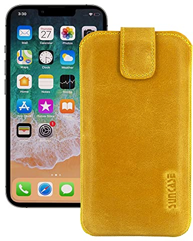 Suncase ECHT Leder Tasche kompatibel mit iPhone 13 PRO (6,1 Zoll) mit ZUSÄTZLICHER Transparent Hülle | Schale | Silikon Bumper Handytasche (mit Rückzugsfunktion und Magnetverschluss) in antik senfgelb