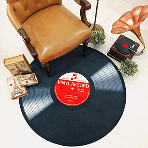 KRIPINC Teppich Rund Schallplatte Vinyl 3D, Teppich Rund 120 Kurzflor Vintage für Musikzimmer, Wohnzimmer, Schlafzimmer, Kinderzimmer (120x120cm, Stil D)
