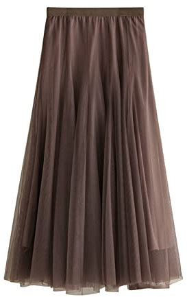 SotRong Tüllrock Lang Damen Elegant Elastisch Hohe Taille Mesh Plissee Maxirock Ballett Hochzeit Party Abschlussball Sommerrock Braun